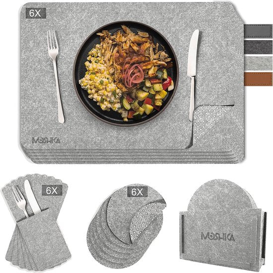 Premium Set van 19 placemats van vilt, placemat met antislip placemats, afwasbaar, tafelmatten, rechthoekige borden, onderzetters, placemats, viltset, grijs met accessoires