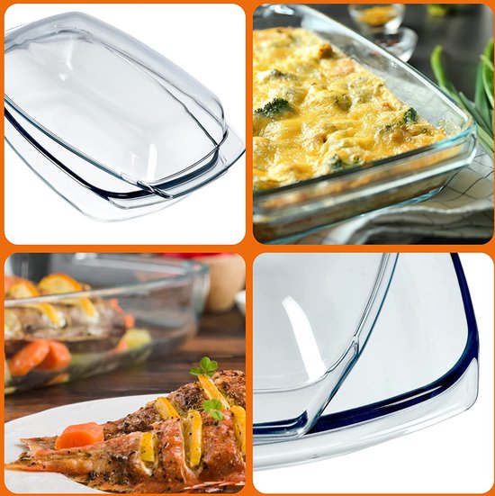 Ovenschaal van hittebestendig glas, vuurvaste pot, glazen braadpan met deksel en handgrepen, servies voor braden, oven, elektrisch fornuis, voor lasagne, vlees, transparant (rechthoekig, 4,1 liter)