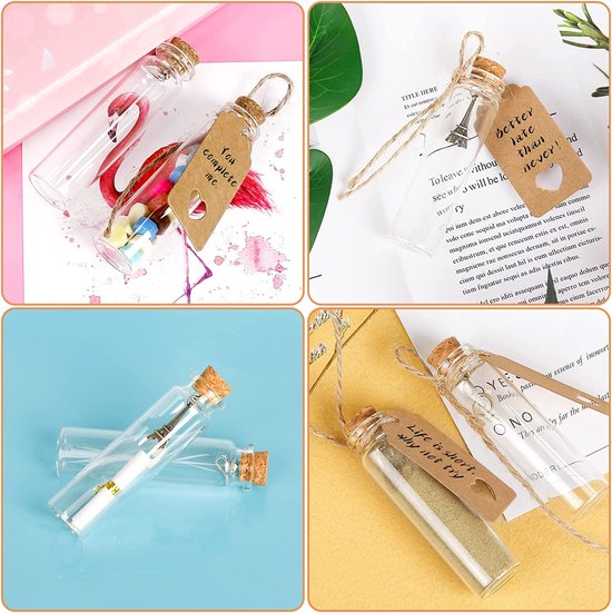 Glazen reageerbuisjes met kurk, 20 ml mini-glazen flessen, kleine reageerbuisjes met hanger, etiketten, trechter, henneptouw, gastgeschenk, bruiloft, feestdecoratie