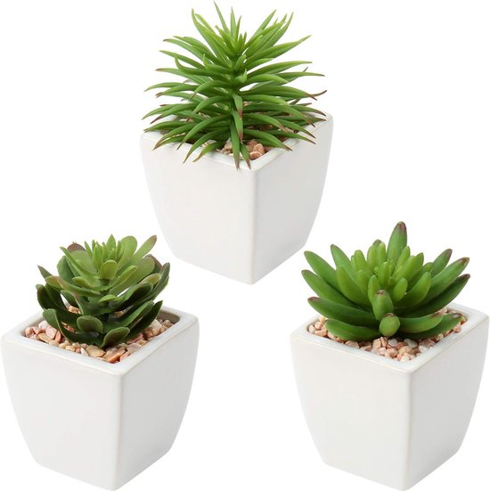 Kunstplant, vetplant, kamerplant, decoratieve woonkamer, badkamer, decoratieve vetplant, hoogte 10-14 cm, in keramische pot, set van 3