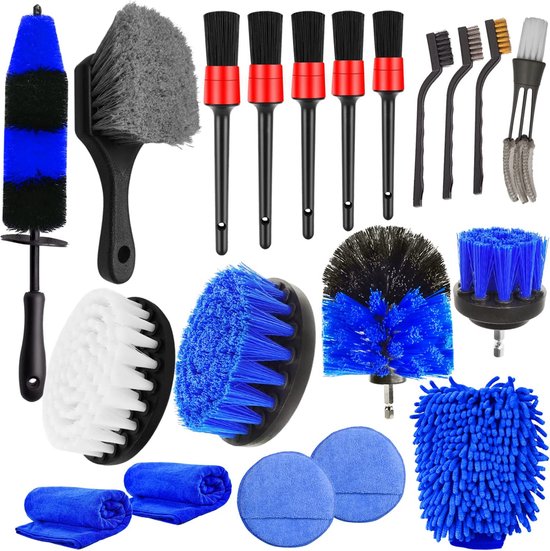 20 in 1 autoreinigingsset velgonderhoud met velgenborstel, autoonderhoudsset, borstel voor accuschroevendraaier, autowashandschoen, kleine staalborstel, polijstwas-applicatorpad, afstore reinigingsborstel