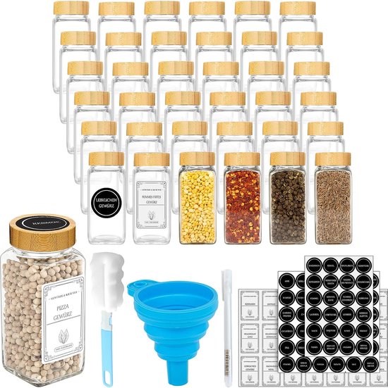 Kruidenpotjes, vierkant, set van 36 stuks, met bamboedeksel, 120 ml, kruidenpotjes met strooiinzetstuk in 3 varianten, voorgedrukte en lege etiketten, reinigingsborstel, trechter