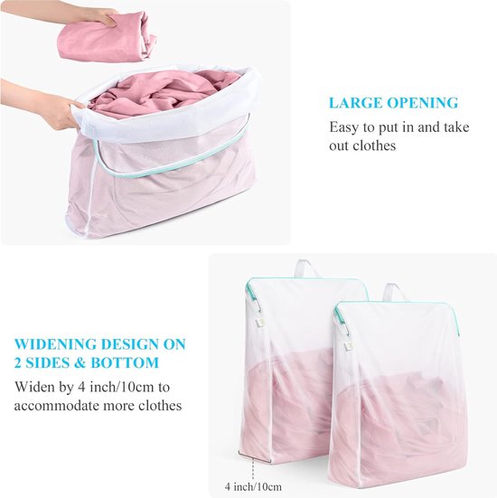 Waszakken groot met handgrepen, 50 x 60 cm, set van 2 met YKK-ritssluiting, fijnmazig voor wasmachine, herbruikbare waszak voor college, slaapzaal en woning