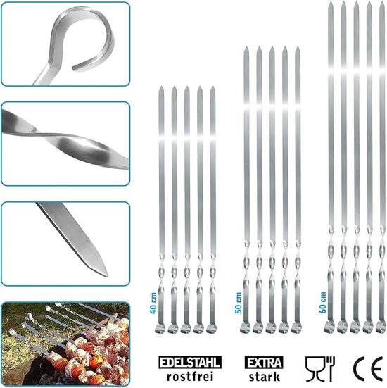 20 stuks grillspiesen extra sterk 2 mm van roestvrij staal, grillaccessoires voor mangal spiesgrill, schampura sjasliekspiesen (50)