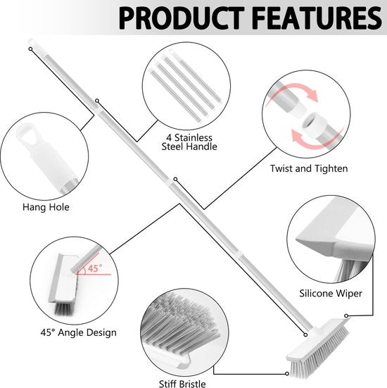 Vloerschrobborstel 2-in-1, schraperborstel met telescoopgreep, vloerschrobber met waterschuiver, bezem met stijve borstelharen voor het reinigen van tegels, badkamer, terras, garage, keuken