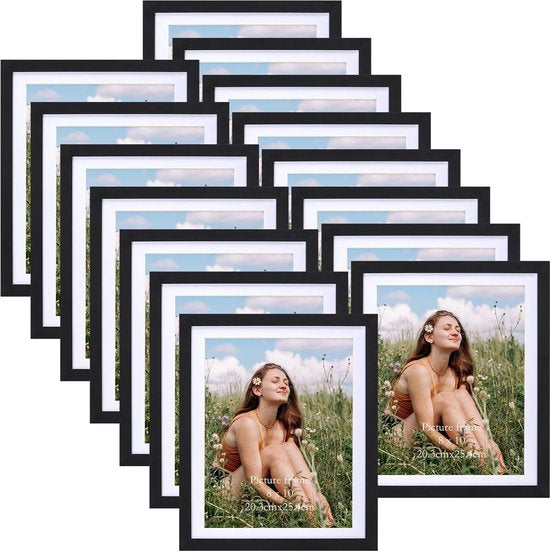 Zwarte fotolijst set van 15, voor 20 x 25 foto's met passe-partout of voor foto's 23 x 28 zonder passe-partout, wand- en tafelopstelling, Mdf