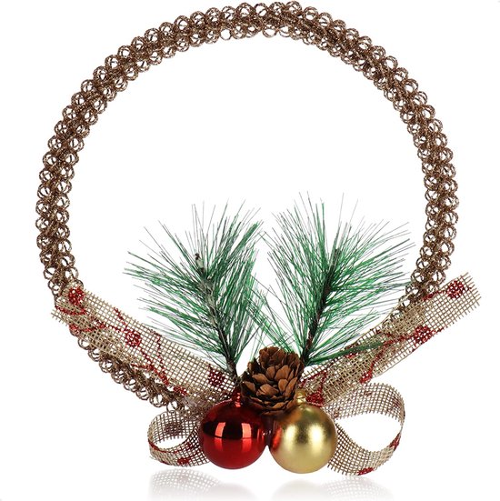 decoratieve kerstkrans - adventskrans met kegels, strik, ballen en dennengroen - goudkleurige kerstkrans - kerstdecoratiehanger
