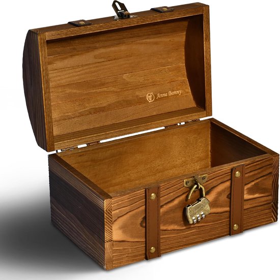 25 x 15,5 x 15,5 cm, van massief grenenhout, met slot voor een cadeau, decoratieve houten kist voor het opbergen of als schatkist voor een schattenjacht