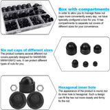 Pack of 145 Hex Nut Covers, 6 Sizes, M4, M5, M6, M8, M10, M12, Hexagonal Nuts, Protective Cap, Plastic, Hexagonal Screws Cover Caps with Storage Box for Screws Nuts (Black)