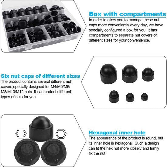 Pack of 145 Hex Nut Covers, 6 Sizes, M4, M5, M6, M8, M10, M12, Hexagonal Nuts, Protective Cap, Plastic, Hexagonal Screws Cover Caps with Storage Box for Screws Nuts (Black)