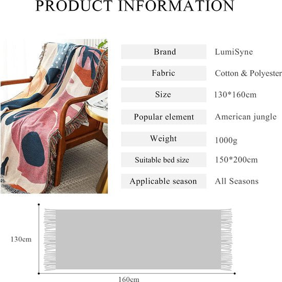 Dubbelzijdige katoenen geweven deken, sprei met kwastjes, jungle, Boheemse stijl, wandtapijt, knuffeldeken, decoratieve deken voor bed, bank, stoel, camping, deken, tafelkleed, tapijt, 160 x130