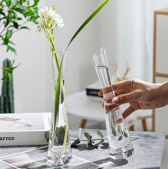 20 cm kleine bloemenvaas, hoge dunne glazen vazen met smalle hals, heldere mini-mond vazen met enkele steel voor decoratieve huisdecoratie, woonkamer, kantoor centerpieces, transparant.