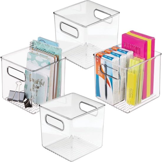 Set van 4 opbergdozen voor de werkplek – voor het opbergen van kantoorbenodigdheden en schrijfwaren – kunststof doos voor de brievenbak – doorzichtig