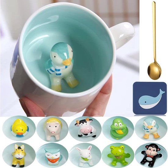 Mok pinguïn zoete koffiekop, keramische theemok met lepel en onderzetter, 350 ml, groot, 3D-koffiemok, grappige kop, espressokopjes, koffiekop, cappuccinokop, schattig cadeau (pinguïn)