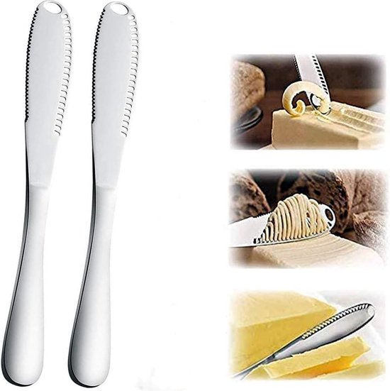 2 stuks botermessen, multifunctioneel botermes, professioneel 3-in-1 botermes van roestvrij staal met gekartelde rand, keuken- en kaasrasp voor gelijkmatige sausverdeling, 20,5, zilver