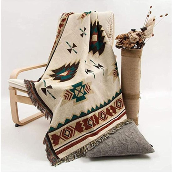 Boho-deken met franjes, etnische deken, geweven deken, geometrisch Azteekse patroon, overtrek voor bank, voor thuis, kantoor, reizen, tenten, 90 x 180 cm