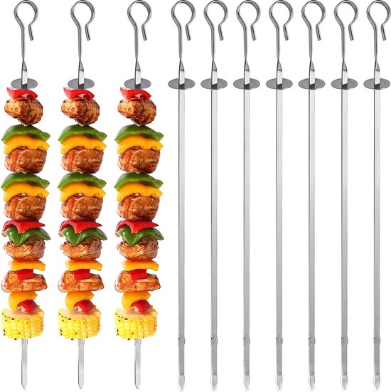 10 stuks verzonden grillspiesen, 35 cm lang, 410 metalen grillspiesen met schuifregelaar, herbruikbare brede plaatspiesen