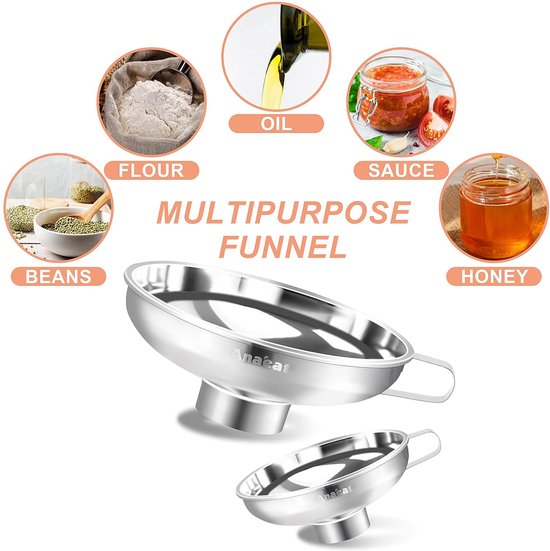 Roestvrijstalen inmaaktrechter met handvat voor brede en normale glazen en weckpotten, brede hals voor vloeibare en droge ingrediënten, grote vaste stoffen, olie, bonen en jam