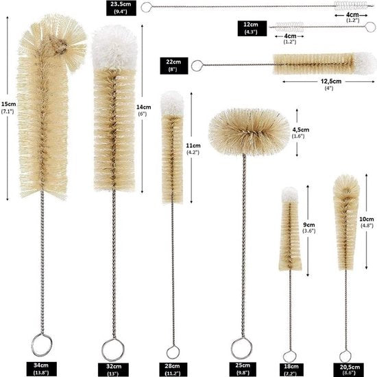 9-delige set flessenreinigingsborstels, multifunctionele flessenborstelset met zachte fleecepompon, flessenreiniger borstel voor rietjes, melkfles, karaf en theepot.