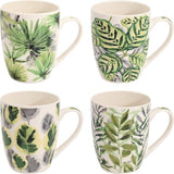 koffiemokken set van 4 bloemendesign - grote keramische koffiemokken ca. 300 ml - kleurrijke thee-mokken met handvat - cadeau voor vrouwen - koffiemokkenset 4-delig (Green Leaves)