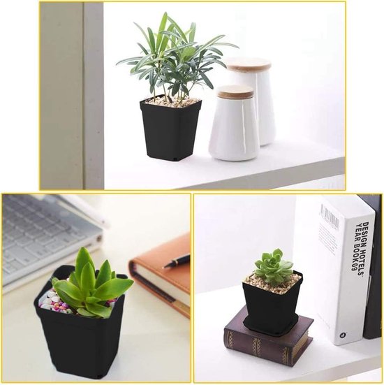 24 stuks vierkante bloempot, 7 cm plastic bloempotten, succulente plantenbakken met palet voor binnen- en buitendecoratie, plantenpot met schotel (zwart)