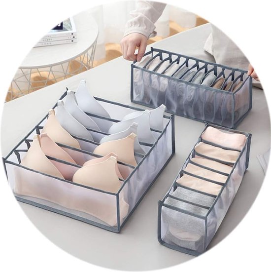 3-delige opvouwbare mesh-organizer, ondergoed-lade-organizer voor babykleding, sokken, sjaals, beha's (wit, bruin, grijs, zwart) (grijs) nylon