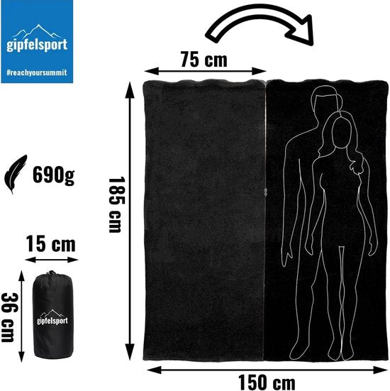 Microvezel fleece deken met slaapzakfunctie, afmetingen 185 x 150 cm, ca. 690 g, microvezel campingdekenslaapzak, licht, klein, rechthoekig