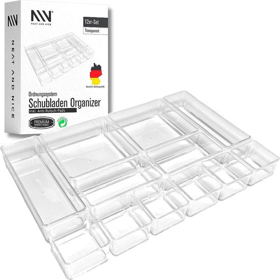 12 transparante lade-organizers incl. antislippads in 4 verschillende matten | shop opbergsysteem voor kantoor badkamer keuken | make-up organizer voor make-upbord