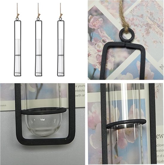 3 stuks glazen vaasjes van smeedijzer, fles reageerbuis voor bloemen, hangende metalen luchtplantenhouder, metalen strijkijzer, creatieve wandophanging, planten, glazen vazen voor
