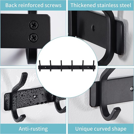 Kledinghaken, haaklijst, garderobehaken, RVS met 6 haken, wandhaken, garderobelijst voor slaapkamer, badkamer (zwart, 6 haken, 2 stuks)