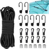 15mx6mm Expanderseil Gummiseil Schwarz Gummispanner Spanngummi Elastisches Bungee Seil Gummi Spannseil Gummischnur Planenseil mit Spiralhaken Pressklemmen für Anhängerplane Planen Zelte