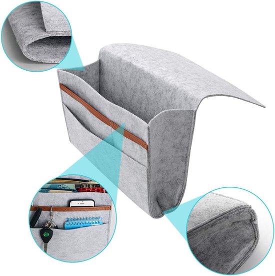 vilten bedcaddy organizer om op te hangen, nachtkastje, tas, bankbed, dik vilt met kabelsgaten, antislip, voor boek, tijdschriften, iPad, mobiele telefoon, afstandsbediening (grijs)