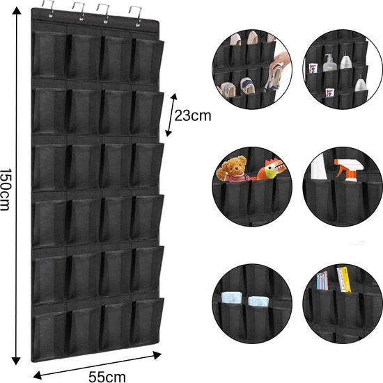 Hangschoenenrek, 24 vakken, hangende opbergruimte, wandtapijt, kledingkast, zwart, grote mesh-vakken, multifunctionele hangorganizer, hangende opbergtas (zwart)