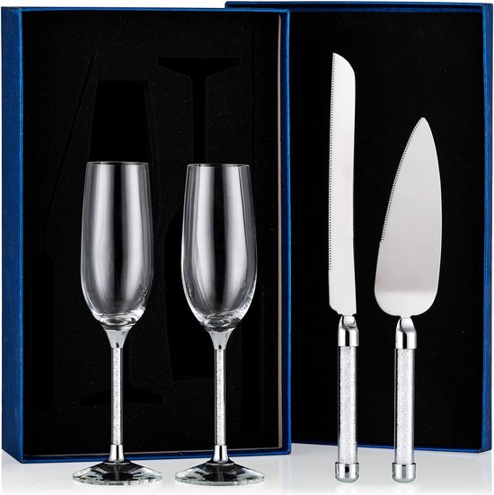 Kristallen champagneglazen bruiloft champagne glazen en cake mes en server set deluxe strass gevulde toastfluiten set voor mannen en vrouwen voor verloving, bruidsdouche, huwelijksreceptie,