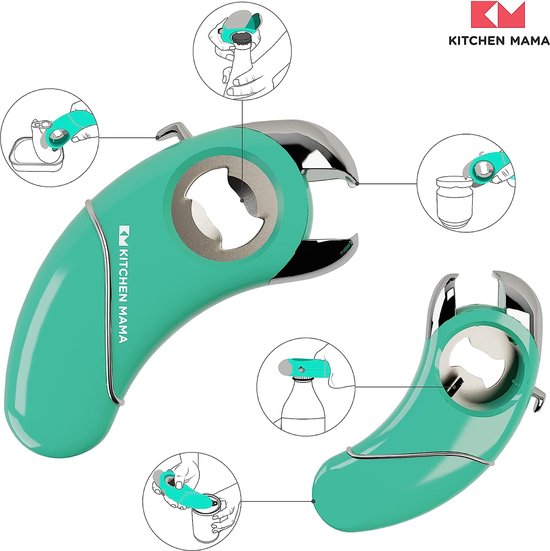 opent flessen met schroef- en kroonkurken, blikjes, scheurlussen en glazen – ergonomisch, handvriendelijk, ideaal bij artritis – turquoise