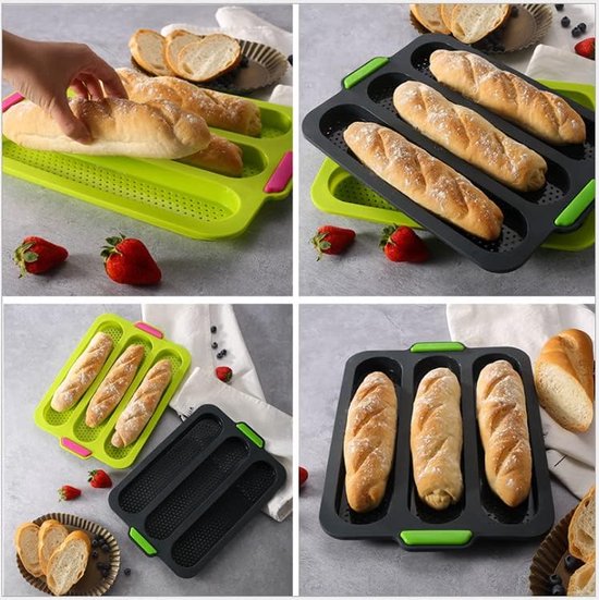 Baguette Baguette Bakplaat, broodbakvormen, baguetteplaat, bakken van baguettebrood, lang brood, Hot Dog met 2 isolatiehandclips + oliepenseel (grijs, baguette)
