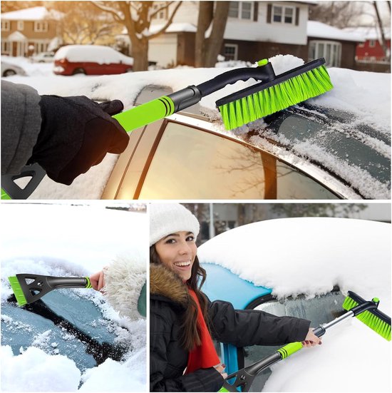 IJskrabber met bezem, 80 cm, 3-in-1 auto reinigingsborstel, sneeuwborstel met 360 graden borstelkop, sneeuwborstel met schuimrubberen handgreep voor auto's, vrachtwagens, SUV's
