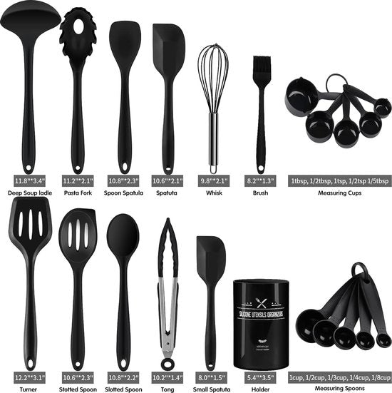Keukengerei, 22-delig, volledig silicone, hittebestendig, anti-aanbaklaag, BPA-vrij, spatel, lepel, tang, garde, kookgerei
