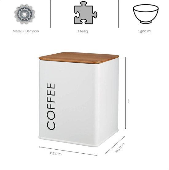 Kerafactum Koffieblik met deksel | blik voor losse thee koffie suiker | vintage retro stijl | voorraadpotten van metaal cafe bowl suikerpot theedoos in wit | bamboe deksel siliconen afdichting
