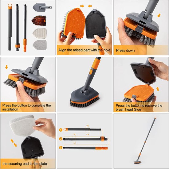 Reinigingsborstel voor badkamer, schrobber met 2 verschillende vezelreinigingspads en 132 cm lange, telescoopstang, voor het reinigen van badkamer, keuken, toilet, balkon, zwembad (grijs)