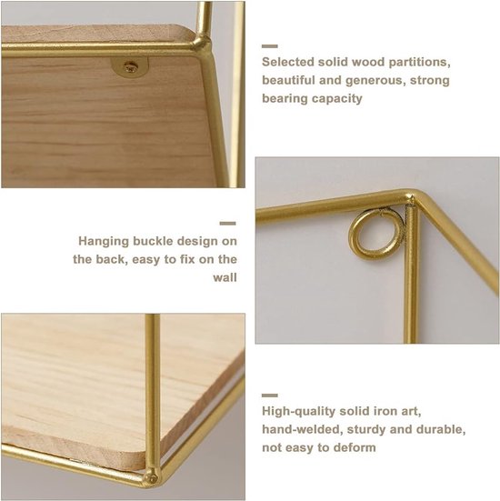Set van 3 metalen wandplanken, Europees geometrisch lijndesign, wandrek met houten planken, industrieel design, zwart/goud, zwevend rek voor slaapkamer, woonkamer, hal (goud)