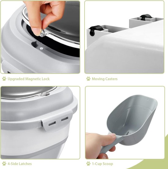 Hondenvoer, opslag met wielen, schep, maatbeker, voerton hond, 12-15 kg, ondoorzichtig, opvouwbare voederbox, kat voor hond en kat