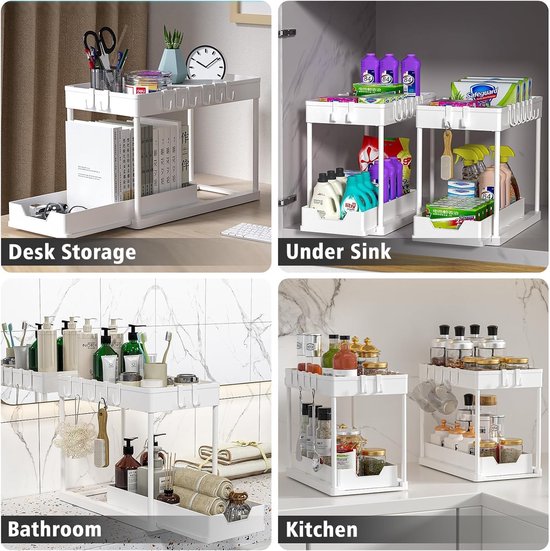 spoelbakorganizer, 2 stuks, ondergootsteenorganizer, uittrekbaar opbergrek, organizer met 16 haken, wit