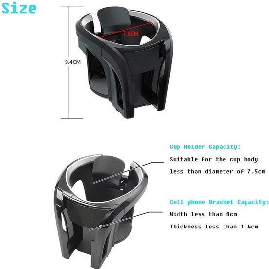 Autobekerhouder voor ventilatie, bekerhouder, mobiele telefoonhouder, geschikt met 7,8 cm diameter flessenhouder, blikjeshouder drankhouder voor alle telefoons