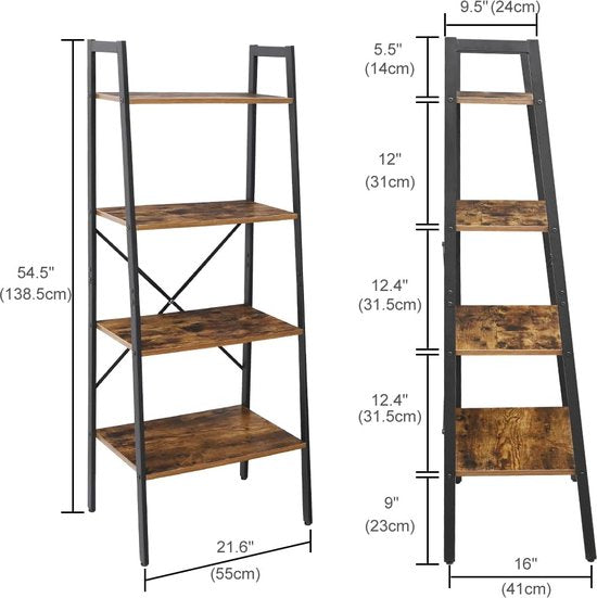 Staande plank, 4-laags boekenkast, ladderplank, plantenstandaard, industriële stijl opbergplank voor woonkamer, thuiskantoor, studeerkamer, hal, rustieke bruine en zwarte plank