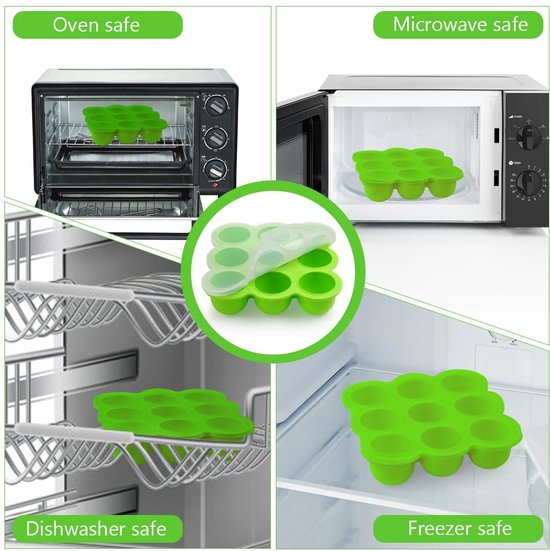 Opbergdoos voor babyvoeding, 9 vakken, met siliconen deksel, perfect voor zelfgemaakte babyvoeding, groenten, ijsblokjes, fruitpuree en moedermelk (groen)