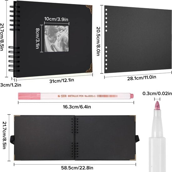 Fotoalbum, 80 pagina's, zwart, scrapbooking-album, 29,5 x 21 cm, met 6 metalen stiften, voor 160 foto's, gastenboek voor verjaardag en bruiloft (zwart)