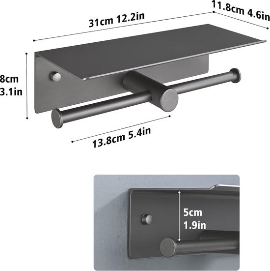 Toiletpapierhouder zonder boren, wc-papierhouder met plank, zelfklevende wandmontage, aluminium dubbele toiletrolhouder, wc-papierhouder, papierrolhouder voor badkamer, 31 cm, grijs