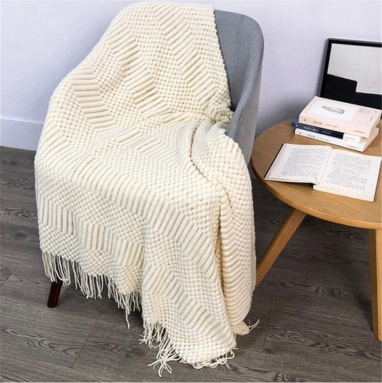 Sprei, woondeken, bohodeken, zacht, gebreide deken, omkeerbare deken, knuffeldeken, bankdeken, sprei, deken, beige, 130 x 150 cm