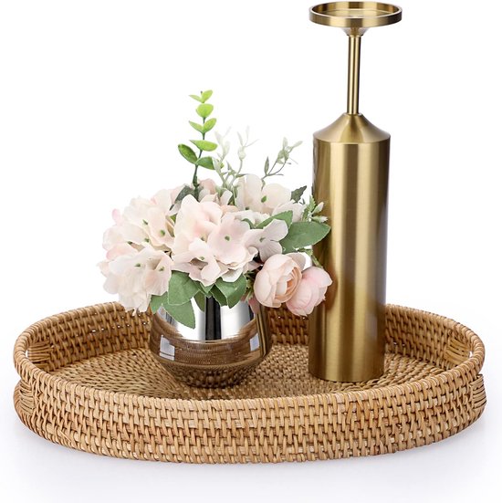 Ovaal rotan dienblad Decoratief displayblad met handvat Tafelorganisatorbak voor koffiedranken Vanity Thee Kaarsornament (35x26cm)